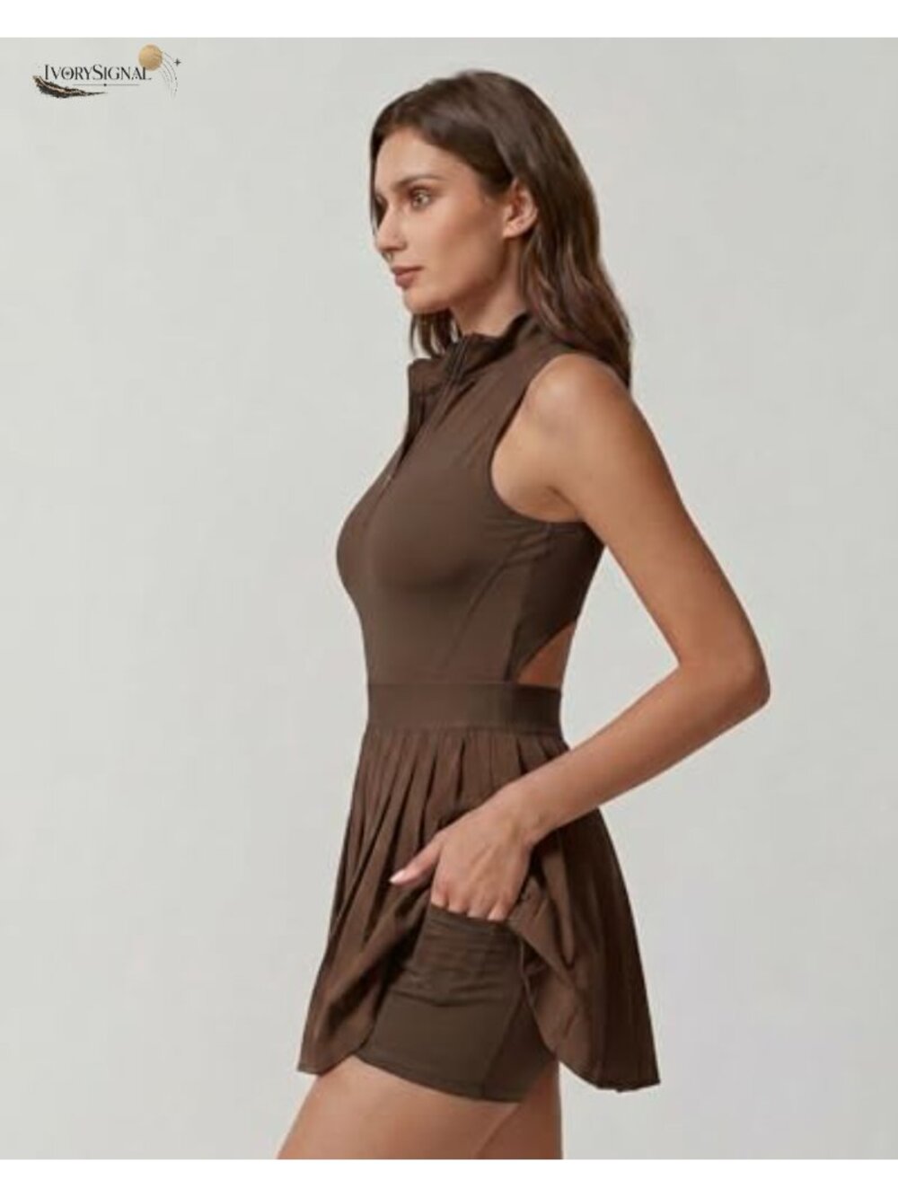 Women's Zip Front Tennis Dress High Neck Pleated Sleeveless Athletic Golf Dress